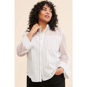 FRENCHMAUVE Womens Vivian Striped Sheer Sleeve Button Down Shirt White 1X